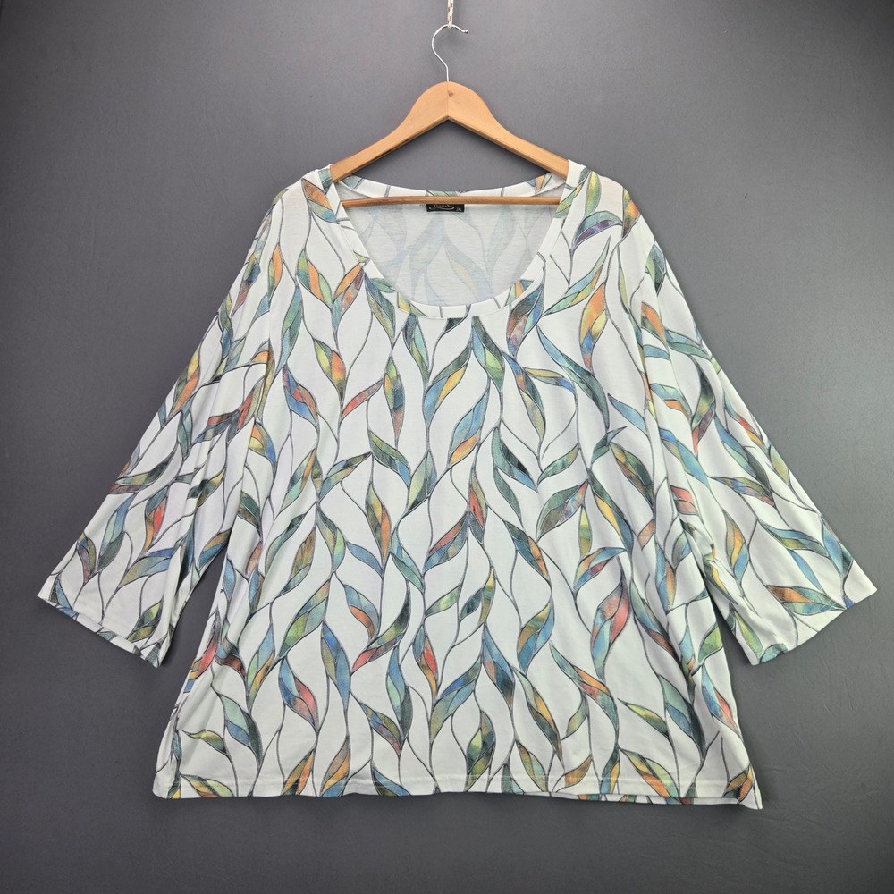 Ofeefan Top 3XL White Multi Color Abstract Leaf Print 3/4 Sleeve Scoop Neck Tee